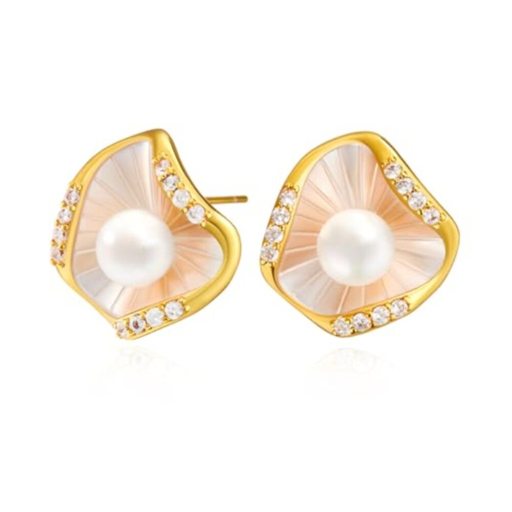 NEW Golden Seashells Flower Pearl Earrings